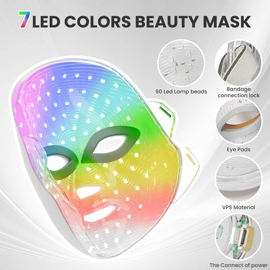 7-1 Colors Red Light Therapy For Face，LED Facial Skin Care Mask,Red Light Mask for Face, LED Facial Mask Light,Salon or Home,White.